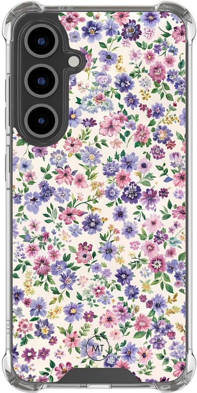 Hoesje (shockproof) geschikt voor Samsung Galaxy S24 FE - Paarse bloemen - Extra sterke case - TPU/polycarbonaat - Bloemen - Paars, Transparant