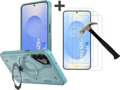 Hoesje Geschikt voor Samsung Galaxy S25 Plus met 3 Stuks gehard glas Screenprotectors - Armor hoes met Ringhouder - Arara backcover - Lake Blauw