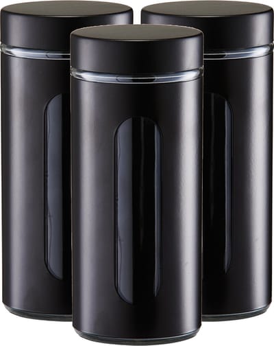 Zeller voorraadpot / blik met venster - 3x - zwart - 1200 ml - glas/metaal - D10 x H23 cm