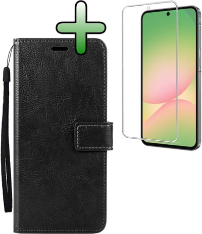 Hoesje Met Screenprotector - Geschikt voor Samsung Galaxy A56 - Luxe Pasjeshouder - Bookcase Portemonee - Flip Case - Kunstleer Book Case - Flipcase - Book Cover - Walletcase - Portemonneehoes - Zwart