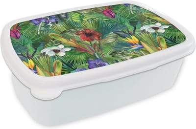 Broodtrommel Wit - Lunchbox - Brooddoos - Regenboog - Flora - Jungle - Patronen - 18x12x6 cm - Volwassenen