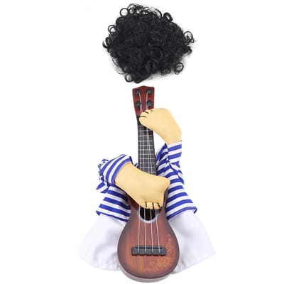 Grappig Huisdier Hond Kat Kostuum Gitarist Puppy Jurk Halloween Kerstfeest met pruik M black