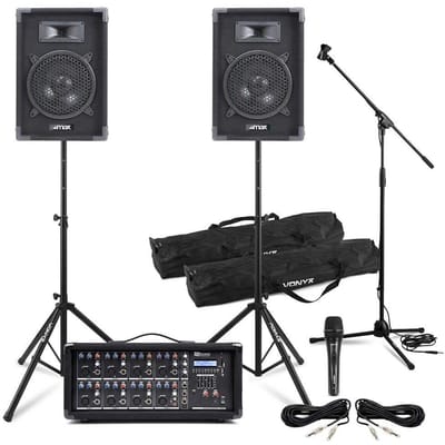 Complete geluidsset voor bands met 8 inch speakers, 8-kanaals Mixer, Microfoon & Statieven