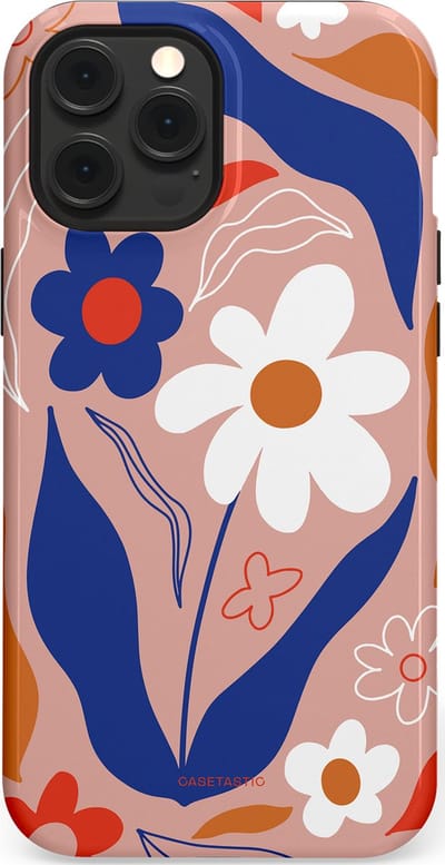 Casetastic hoesje geschikt voor Apple iPhone 12 Pro Max - MagSafe - Dubbellaagse bescherming - Eenvoud in bloei - Fashion Case - Perzik Donkerblauw Wit