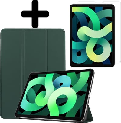Hoes - Geschikt voor Apple iPad Air 4 (2020) - 10.9 inch - 4e Generatie - Met Screenprotector - Trifold Bookcase - Hard Cover - Hardcover Book Case - Tablet Hoesje - Donkergroen