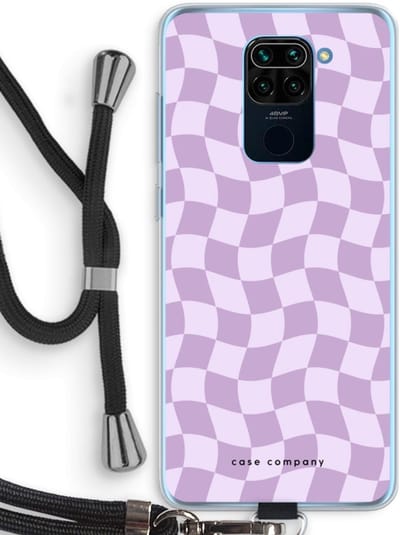 Case Company® - Hoesje met koord geschikt voor Xiaomi Redmi Note 9 hoesje met Koord - Grid Paars - Telefoonhoesje met Zwart Koord - Bescherming aan alle Kanten en Over de Schermrand