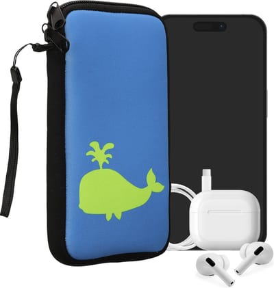 kwmobile hoesje voor smartphones XL - 6,7/6,8" - hoes van Neopreen - Walvis silhouet design - neon groen / blauw - binnenmaat 17,2 x 8,4 cm