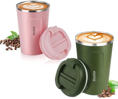 GELLDG 2 Stuks draagbare koffiemokken - 380 ml geïsoleerde mok - Dubbele isolatie - Met lekvrije deksel - Roestvrijstalen reismok - Geschikt voor koffie, thee, wijn en sap