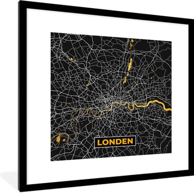 Fotolijst incl. Poster - Londen - Stadskaart - Plattegrond - Goud - Kaart - 40x40 cm - Posterlijst