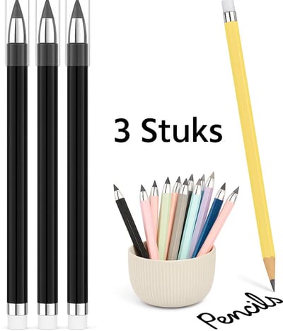 Set Van 3 Eeuwige Potloden met Gum I Niet Slijpen I Everlasting Pencil I Duurzaam & Inktloos I Zwart