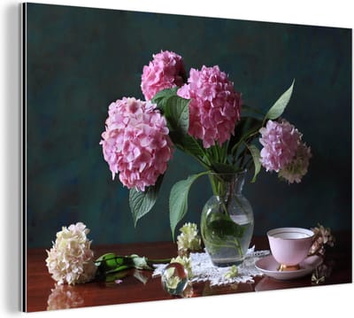 Aluminium schilderij 180x120 cm - Wanddecoratie metaal - Vaas met Hortensia's - Metalen muurdecoratie woonkamer - Decoratie industrieel - Foto op dibond - Industriële accessoires slaapkamer
