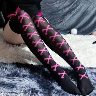 Nieuwe Halloween Sokken Dames Kruis Roze Strik Contrasterende Kleur Kniehoge Sokken Sexy Lingerie Zachte Warme Fluwelen Sokken one size black