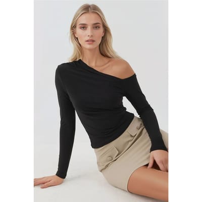 Asymmetrische Kragen Lange Mouwen Slim Fit Zachte Touch Brei Top