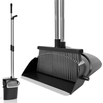 Stoffer en Blik - Veegset Lange Steel - Comfortabel Schoonmaken - Ingebouwde Schoonmaaktanden - Verstelbaar 87-127cm - Zwart