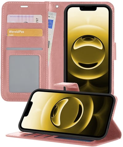 Hoesje - Met Pasjeshouder - Geschikt voor Apple iPhone 16e - Luxe Bookcase Portemonee - Flip Case - Kunstleer Book Case - Flipcase - Book Cover - Walletcase - Portemonneehoes - Telefoonhoesjes - Rosé goud