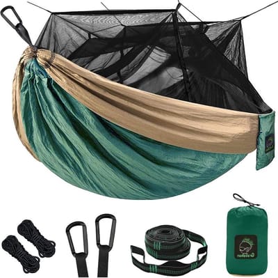 Dubbele hangmat met muggennet - Draagbare hangmat tent voor reizen en kamperen - Legergroen