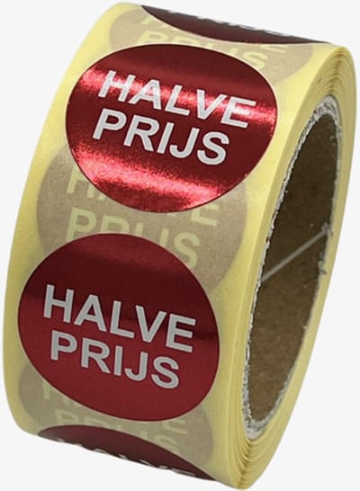 Halve prijs sticker - reclame sticker - 250 Stuks - rond 25mm - korting sticker - promotie sticker - afprijs sticker - uitverkoop - aanbieding - wit - rood - food sticker - reclame-etiket - voedseletiket - HACCP sticker