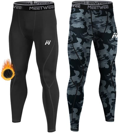 MEETHOO 2 Stuks/set Thermische Compressieleggings Voor Heren - Vochtafvoerende, Zweetabsorberende Leggingbroek Ideaal Voor Fitness En Hardlopen, Elastische Polyestermix, Machinewasbaar-Zwart + Camouflage-S