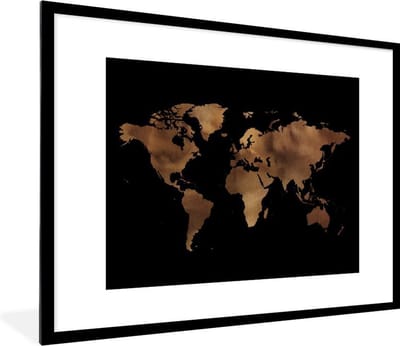 Poster in lijst - Fotolijst 80x60 cm - Posters - Wereldkaart - Bruin - Zwart - Posterlijst zwart - Decoratie - Wanddecoratie woonkamer - Muurdecoratie slaapkamer
