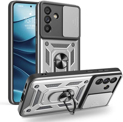 MobyDefend Hoesje - Geschikt voor Samsung Galaxy A36 / Galaxy A56 - Pantsercase Met Draaibare Ring - Zilvergrijs