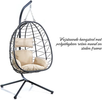 Aurixi® Hangstoel Cocoon - Egg Hangstoel – Hang Stoel Met Standaard – Zwart - 95cm x 98cm x 198cm