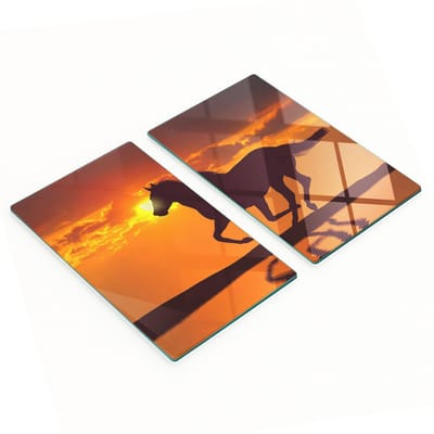 Set van twee decoratieve glazen keukenplanken met zon- en paardenmotief, 2x30x52 cm