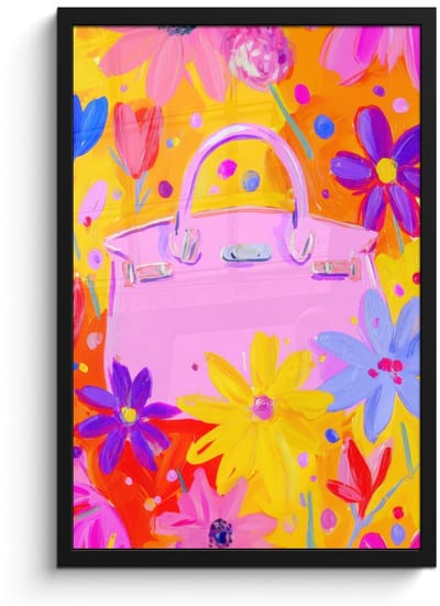 Poster in lijst - Fotolijst 40x60 cm - Posters - Tas - Roze - Bloemen - Posterlijst zwart - Decoratie - Wanddecoratie woonkamer - Muurdecoratie slaapkamer
