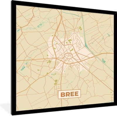 Fotolijst incl. Poster - Kaart - Stadskaart - Retro - Bree - Plattegrond. - 40x40 cm - Posterlijst