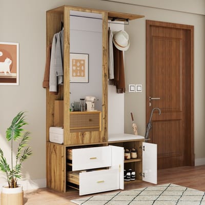 MODENUIT Garderobeset - Spiegel, Schoenenbank En Lades - Voor Hal En Entree - Spaanplaat Wit/Naturel - 100x38x180 Cm