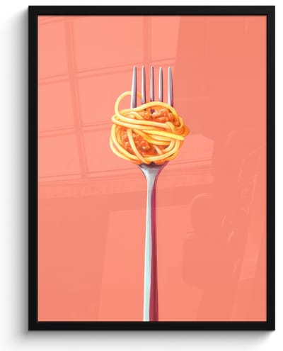 Poster in lijst - Fotolijst 50x70 cm - Posters - Vork - Spaghetti - Artistiek - Roze - Posterlijst zwart - Decoratie - Wanddecoratie woonkamer - Muurdecoratie slaapkamer