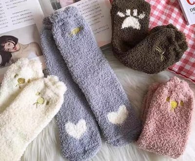 Fluffy warme sokken dames - 3 paar - huissokken - roze - grijs -  bruin - print kat met oortjes - 36-40 - winter sokken - dikke sokken