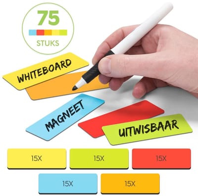 2DOBOARD Scrum Magneten - 75 stuks - Herschrijfbare Whiteboard Magneten 7,5 x 2,5 cm - Voor Magneetbord, Memobord, Koelkast & Kanban - 5 kleuren - Professionele kwaliteit