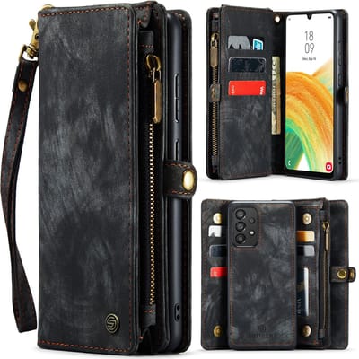Hoesje geschikt voor Samsung Galaxy A53 Hoesje Wallet - Solidenz Wallet Case A53 - Telefoonhoesje A53 - A53 Case met Pasjeshouder - met Ritsvak - met Polskoord - Portemonee Hoes - Zwart