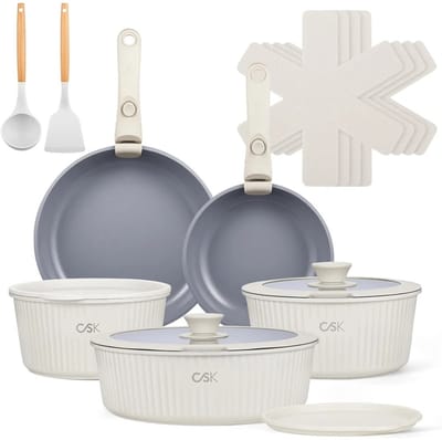 Archi 17-Delige pannenset – Pannen - Anti-aanbak – Keramische potten en pannen set – Oven & vaatwasser – Crème/grijs