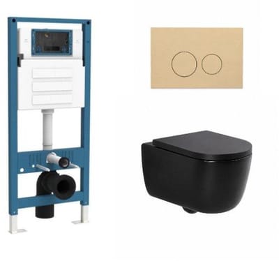 QeramiQ Dely Swirl Toiletset - inbouwreservoir Qeramiq Flush - 35mm zitting - kunststof beige bedieningsplaat - ronde knoppen - mat zwart