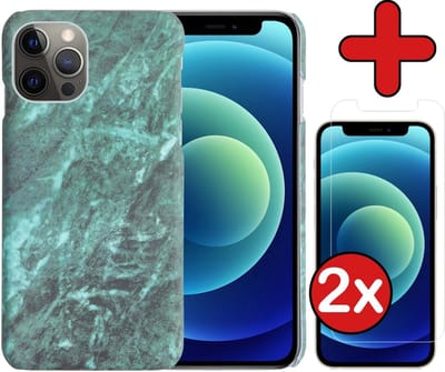 Hoesje Geschikt voor iPhone 12 Pro Hoesje Marmer Hardcover Fashion Case Hoes Met 2x Screenprotector - Hoes Geschikt voor iPhone 12 Pro Marmer Hoesje Hardcase Back Cover - Groen
