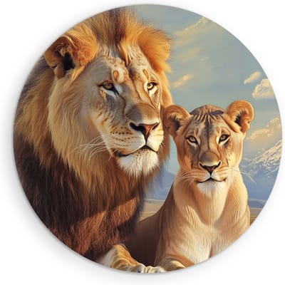 Saammp Muurcirkel Hout - Leeuw en Leeuwin met de Kilimanjaro achter zich - Dieren - Natuur - Ø 90 - Wandcirkel - Wanddecoratie Cirkel - Muurdecoratie Woonkamer - Slaapkamer decoratie - Rond Schilderij