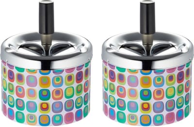 Set van 2x stuks draaiasbakken met retro print en zilveren deksel - asbakken binnen en buiten