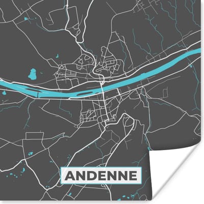 Poster Kaart – Plattegrond – Stadskaart – Andenne – België - Grijs - 100x100 cm XXL