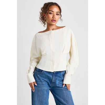 boohoo Dames Blouse met gesneden halslijn en geplooide taille | Ivoor | Maat: 38