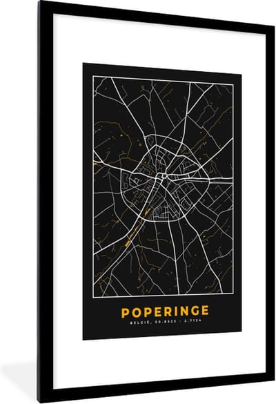 Fotolijst incl. Poster - Black & gold - Poperinge - Stadskaart - Plattegrond - Kaart - 80x120 cm - Posterlijst
