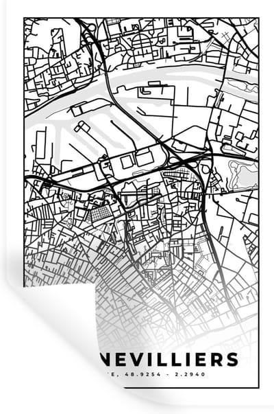 Muurstickers - Sticker Folie - Stadskaart - Frankrijk - Kaart - Plattegrond - Gennevilliers - Zwart wit - 20x30 cm - Plakfolie - Muurstickers Kinderkamer - Zelfklevend Behang - Zelfklevend behangpapier - Stickerfolie