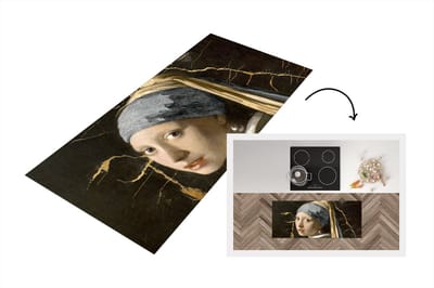 Keukenloper - Loper keuken - Meisje met de parel - Marmer - Goud - Zwart - 120x50 cm - Keukenloper vinyl