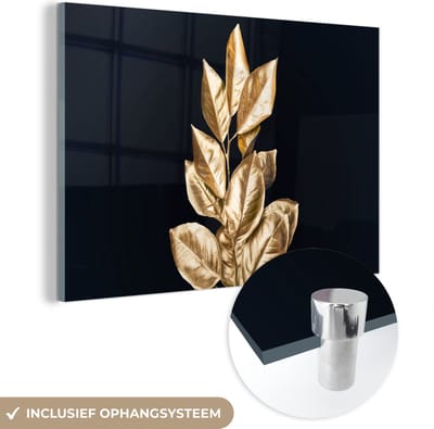 MuchoWow® Glasschilderij 150x100 cm - Schilderij acrylglas - Plant - Bladeren - Goud - Zwart - Luxe - Foto op glas - Schilderijen