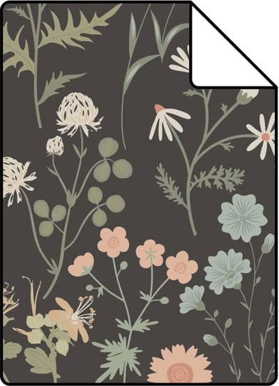 Proefstaal ESTAhome behang veldbloemen antraciet grijs - 26.5 x 21 cm - 139696-S