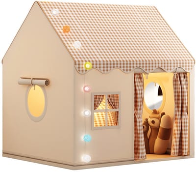 Kinder Speeltent Binnen – Prinses Kasteel Speelhuis voor Meisjes & Jongens met Katoenen Mat & LED Lichtslinger – Opvouwbare Indoor Speeltent – Khaki – 120x105x128 cm