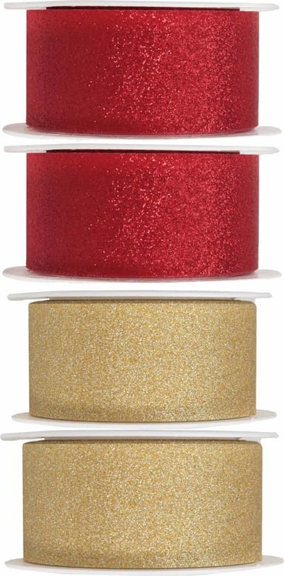 4x Hobby/decoratie rood en gouden sierlinten met glitters 3 cm/30 mm x 5 meter