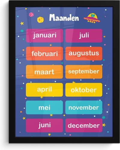 Poster in lijst - Fotolijst 30x40 cm - Posters - Maanden - Educatief - Leren voor kinderen - Ruimte - Posterlijst zwart - Kamer decoratie - Wanddecoratie kinderkamer - Muurdecoratie babykamer