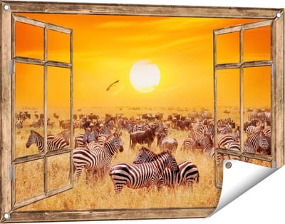 Gards Tuinposter Doorkijk Kudde Zebra's bij een Oranje Zonsondergang - 90x60 cm - Tuindoek - Tuindecoratie - Wanddecoratie buiten - Tuinschilderij