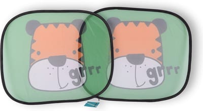 Set van 2 Auto Zonneschermen voor Kinderen - Polyester - Groen/Oranje/Wit - 44x38cm - Universeel - Tijger Ontwerp | Inclusief 4 Zuignappen